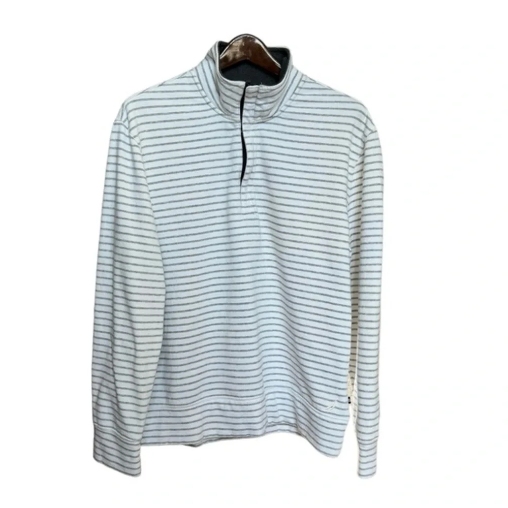 Nautica Men's Quarter Zip Sweater White Gray Striped Size Large